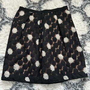 Lida Baday Black Floral Lace Overlay Silk A-Line Skirt